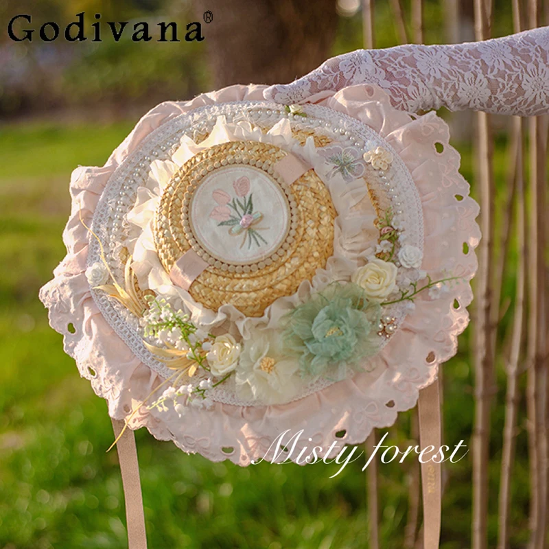 

Flower Lolita Straw Visor Lolita Hat Women Japanese Style Sun Protection Hat Female Summer Mori Pastoral Cla Lace Hat
