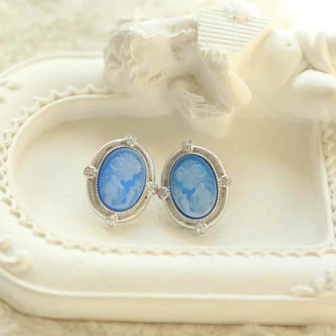 Agate Cameo Series Jewelry Set with Relief Daffodil Goddess Design Pure Silver Inlaid Pendant Ring and Earrings Set for Women view 3