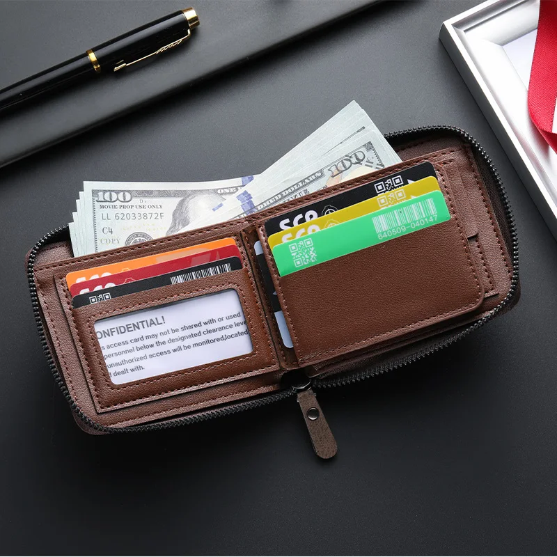 Business men's short wallet | Multi-card capacity large capacity zipper ID pack for on-the-go carry wallet