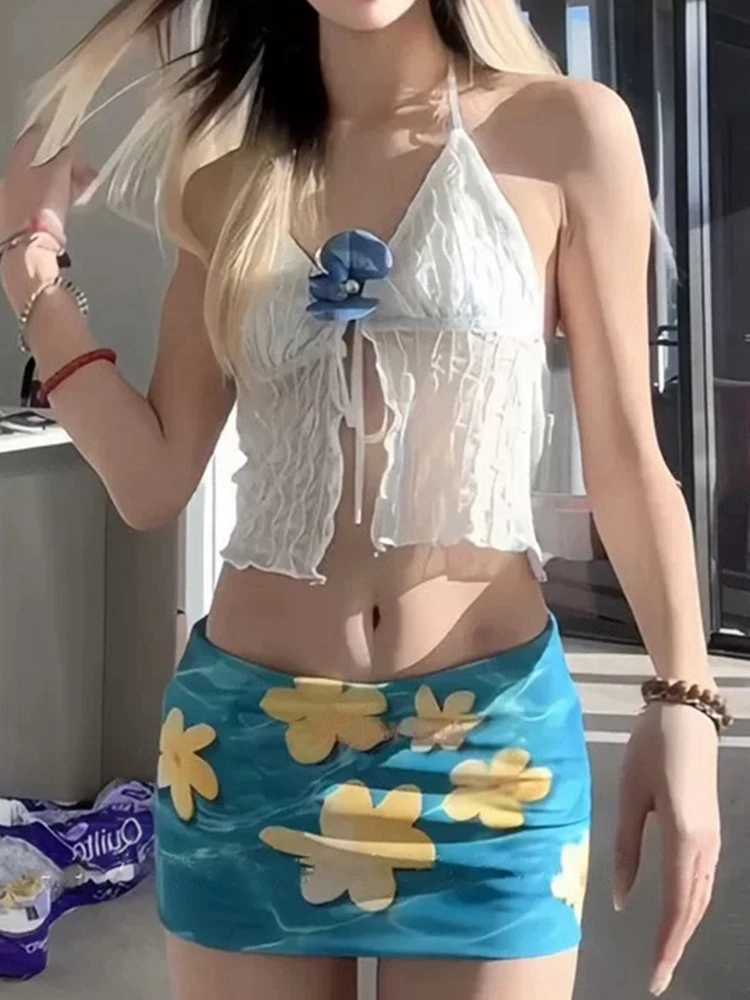 OIINAA ชุดว่ายน้ําเซ็กซี่ผู้หญิงคอลูกไม้ Crop Tops ดอกไม้พิมพ์กระโปรงชายหาดฤดูร้อน 2025 เกาหลี Spice Girls ชุดบิกินี่