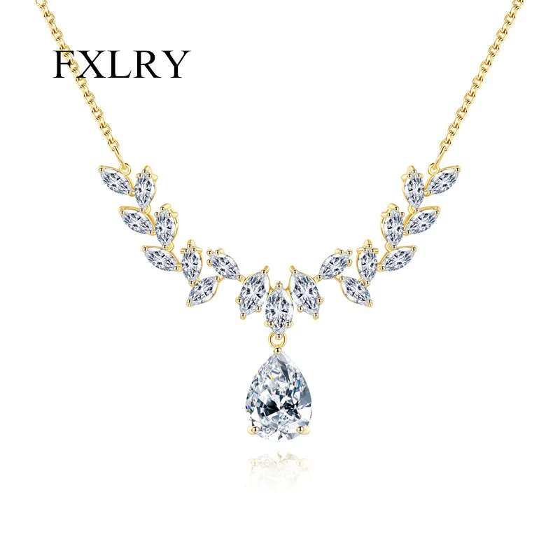 

FXLRY Fashion Gold Color Micro Paved Cubic Zircon Romantic Leaf Shap Necklace For Women Girl Wedding Jewelry