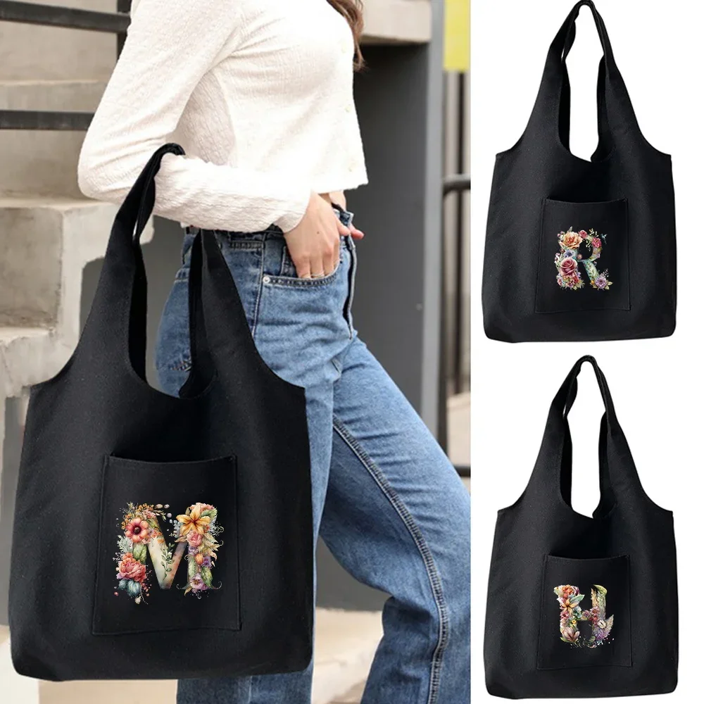 

Folding Women's Canvas Tote Bag Women's Shoulder Bag Shopping Bag Floral Letter Pattern for Office School Picnics Daily Trips