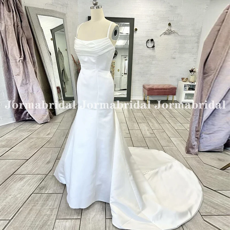 Spalline per Spaghetti abiti da sposa a sirena in raso plissettato abiti da sposa da spiaggia avorio formale con schienale basso con bottoni vestidos de novia