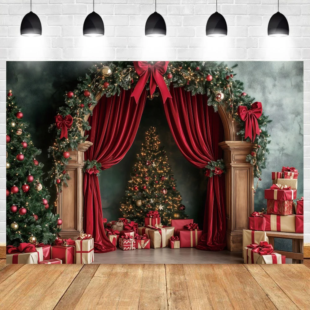 Christmas Photography Backdrops Red Bow Wreath Curtain Green Arch Xmas Trees Gifts Kids Adults Xmas Party Decor Photo Background