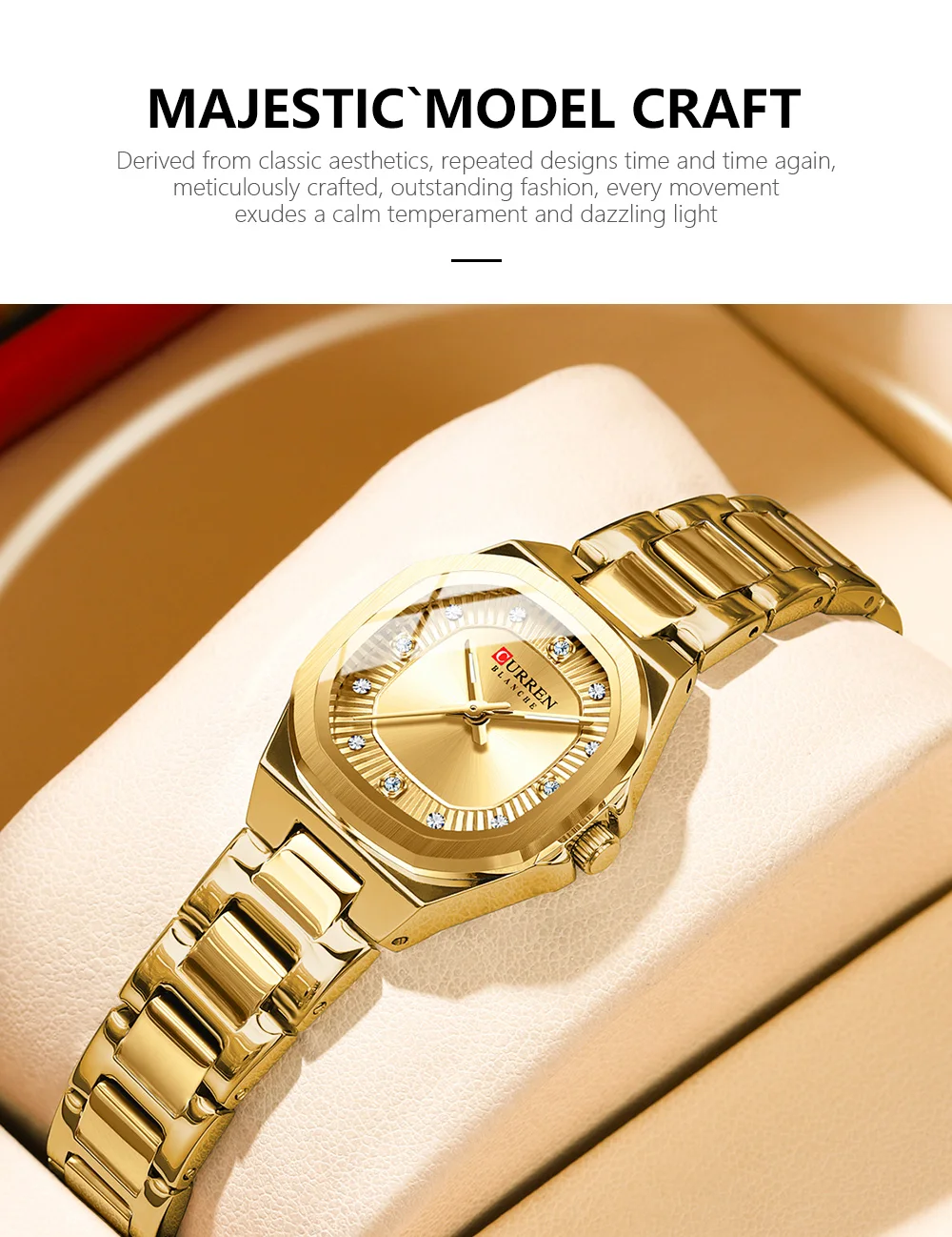 CURREN Gold Damenuhr mit Diamantakzenten, stilvollem Edelstahlband, elegantes Design, wird mit kostenloser Box geliefert – Detail 4