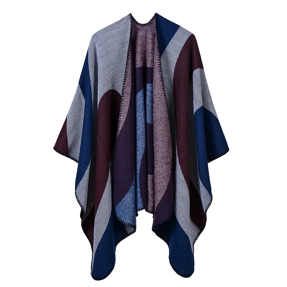 Women's New Geometric Color Matching Simple Leisure Office Beach Shawl Europe America Cape Ponchos Lady Coat