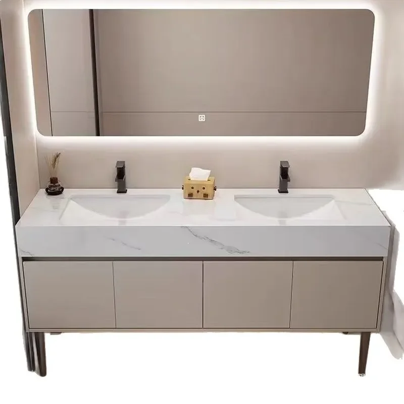 Floor to Ceiling Slate Double Sink Bathroom Vanity Integrated Public Washbasin Cabinet Combo for Toilet Area