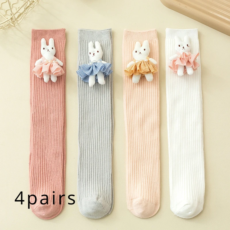 4 Pairs Girls\' Stockings Soft and Comfortable Spring and Autumn Fashion Cartoon Rabbit Sports Baby Knee-high Socks