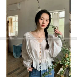 2024 Summer White French Heavy Hand Embroidered Scallop Lace Sexy Deep V Neck Tie Shirt