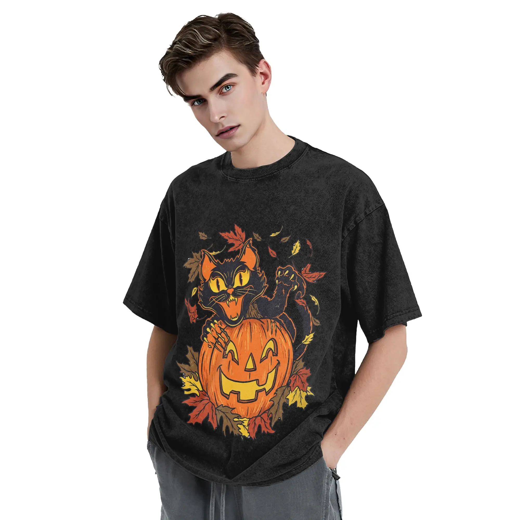 Black Cat Pumpkin T Shirts Washed 100% Cotton Street T-Shirts Halloween Spooky Autumn Artwork for Men Women Streetwear Tees