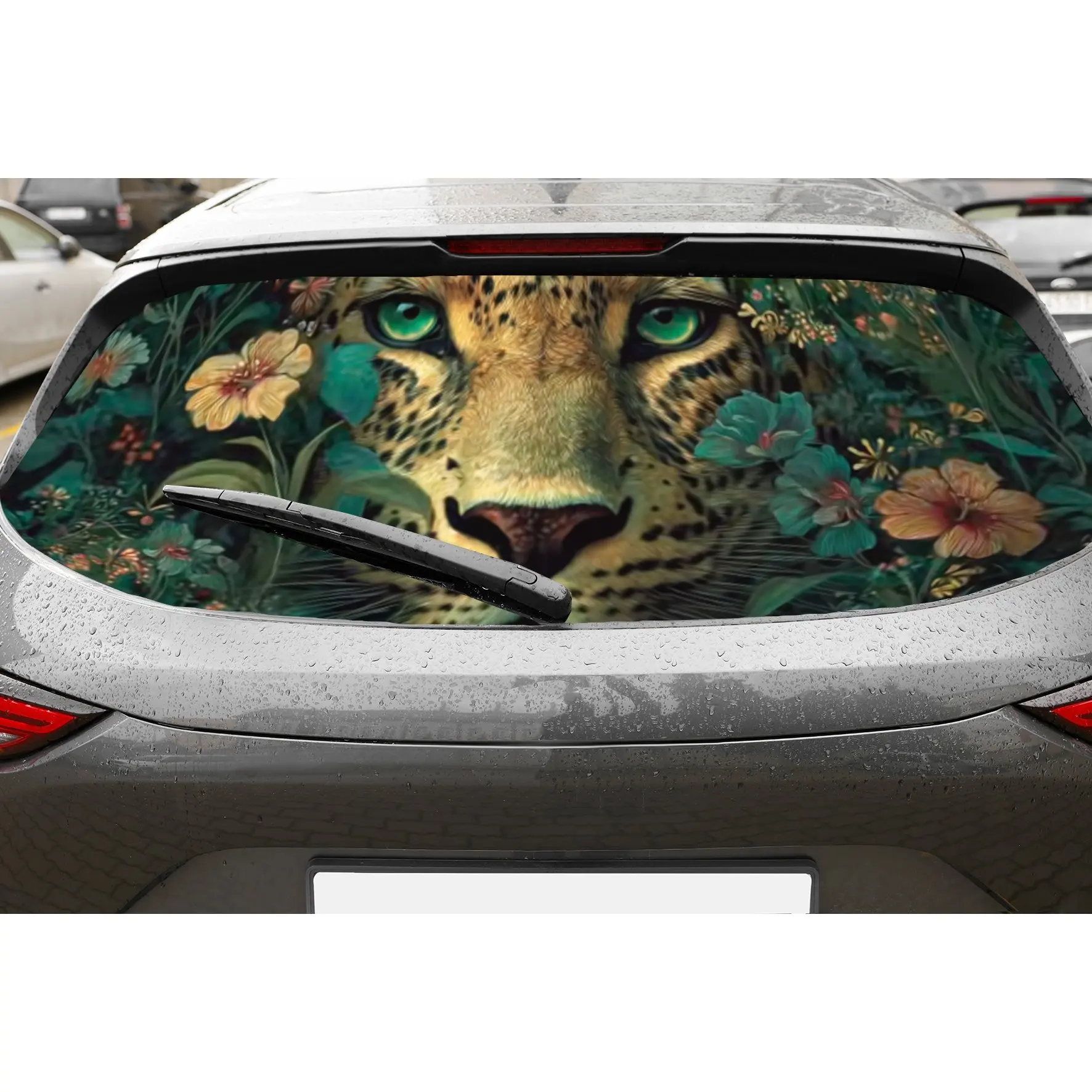 

Cheetah among the flowers PVC material self-adhesive waterproof car rear window sticker, easy to paste without falling off, wate