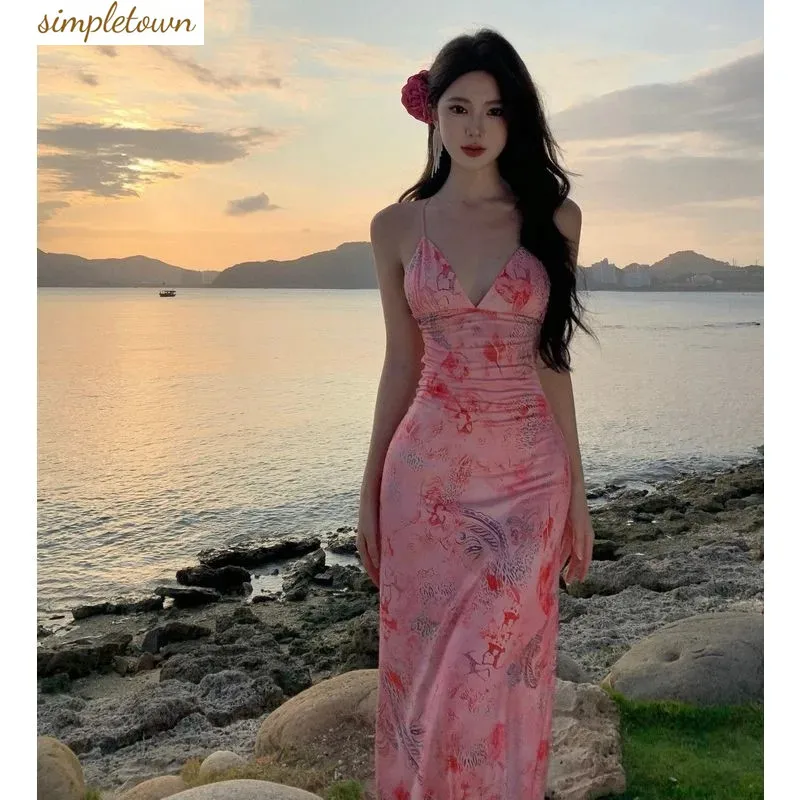 

2024 Vacation Style Spicy Girl Hanging Neck V-Neck Printed Strap Dress Design Sense Open Back Butterfly Wrap Hip Long Dress