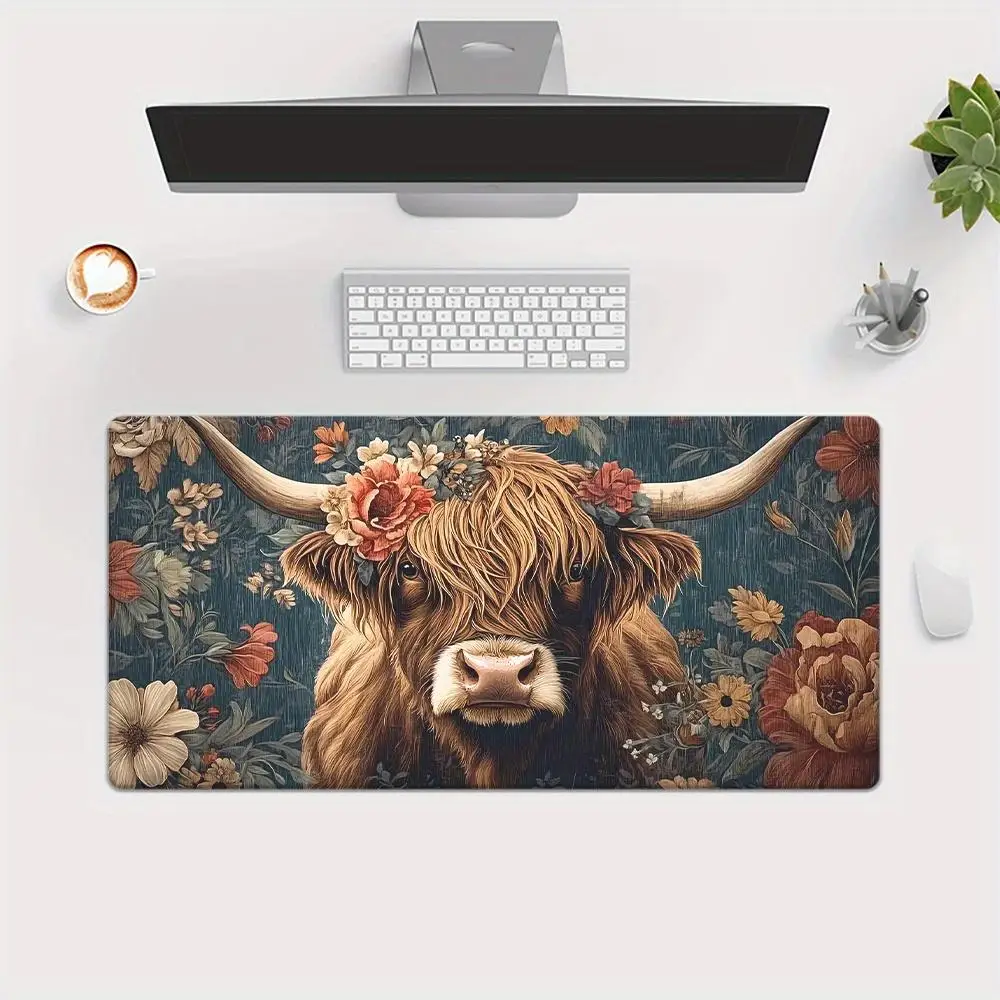 Highland Cow Floral Desk Mat Large Anti-Slip Rubber Base Gaming Mouse Pad for Office Home