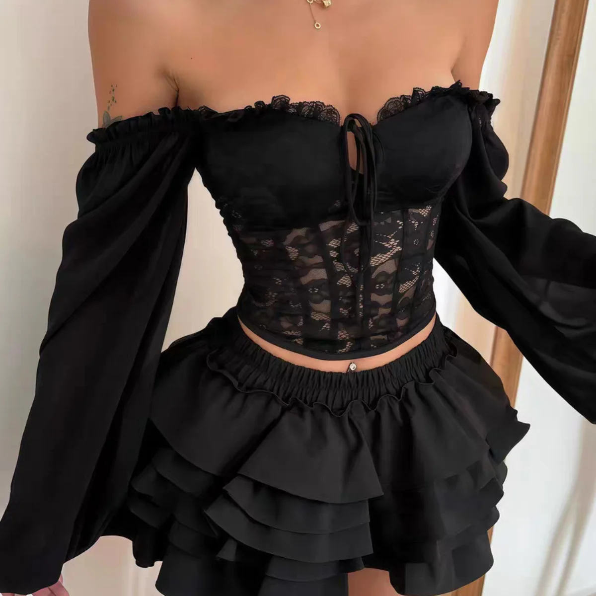 

Sexy Lace Square Neck Corset Women Elegant T-shirts Bubble Long Sleeve Fishbone Tank Tops Streetwear Camisole Fashion Party Vest