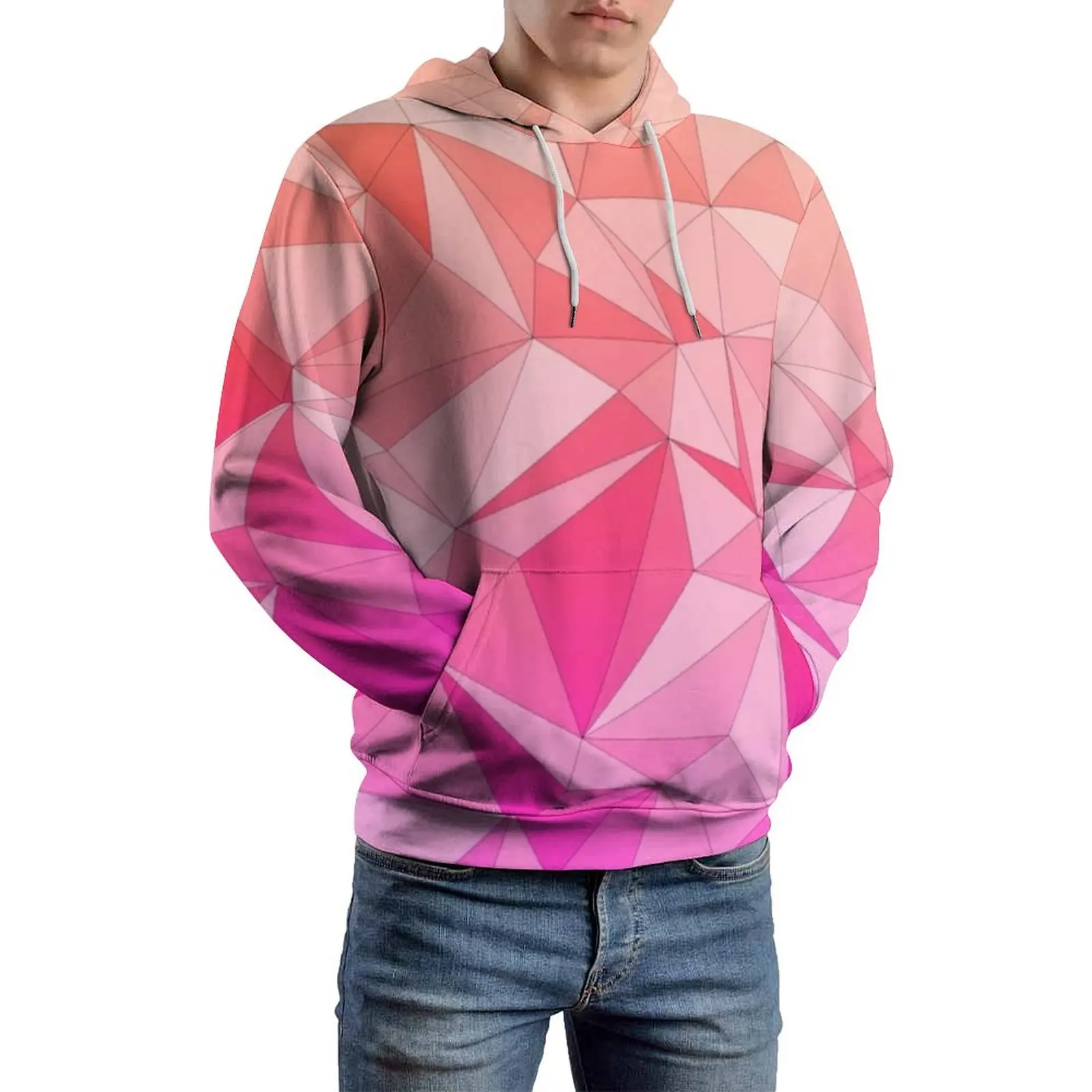 Two Tone Pink Loose Hoodies Mosaic Design Hip Hop Hoodie Men Long-Sleeve Oversized Casual Design Clothes