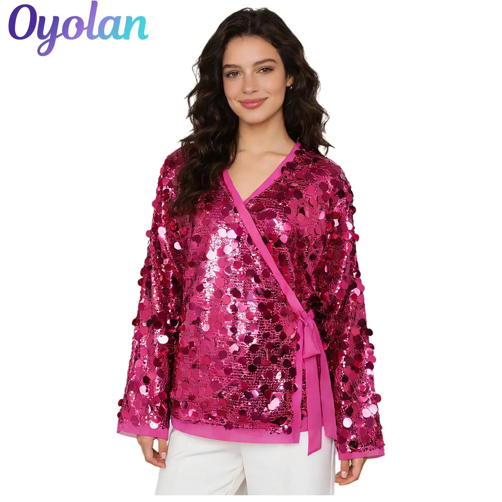 

Womens Shiny Sequin Cardigan Wrap V Neck Long Sleeve Front Tying Fully Lined Crop Top Disco Club Party Outerwear Punk Clubwear