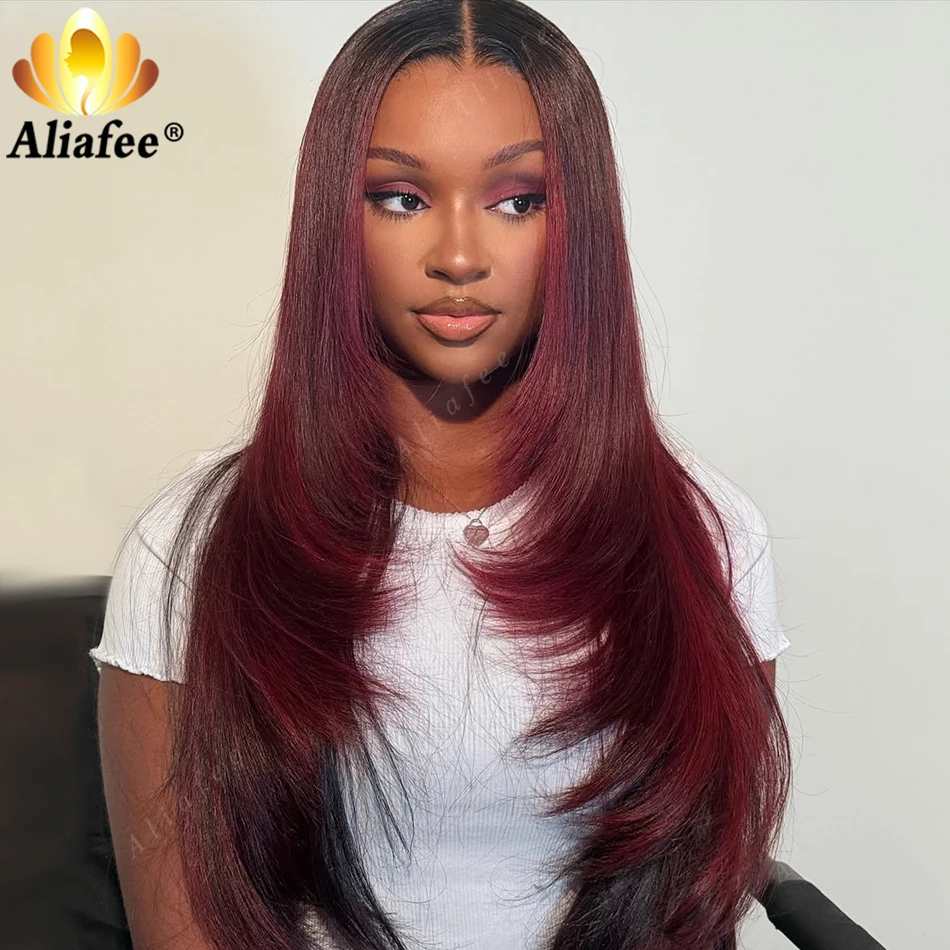 

Выделите бордовый винно-красный цвет омбре, прямой предварительно сорванный парик с кружевной застежкой 5x5, человеческие волосы 13x6, плотность 200%, кружевной фронтальный парик