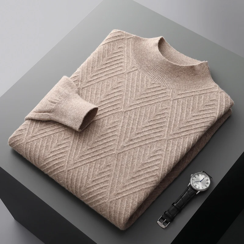 

100%Pure Wool Cashmere Sweater Men's Loose Half Turtleneck Jacquard Pullovers Autumn Winter Youth Top High-End Knit Shirt