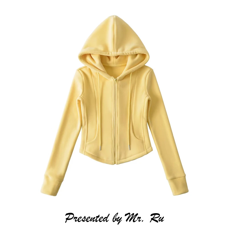 

Укороченная толстовка Slim Fit с капюшоном, желтая, с эффектом омоложения, в стиле ретро, на молнии, для повседневной носки