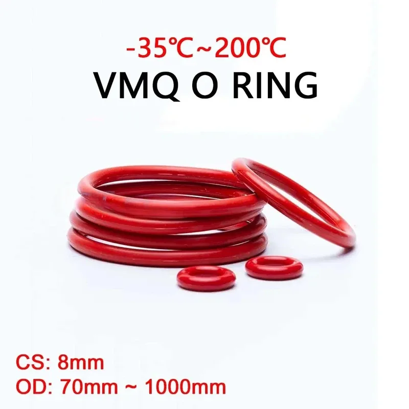 

VMQ Red Silicone O-Ring Gasket CS 8mm OD 70mm ~ 500mm Silicon O Ring Washer Food Grade Sealing Ring Waterproof & Insulated