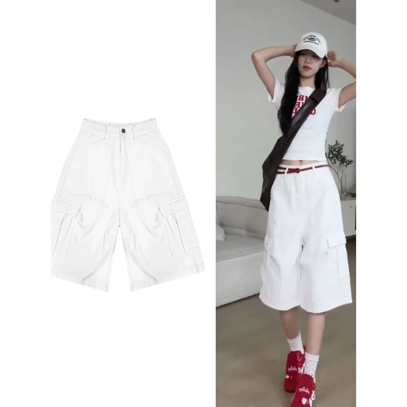 American High Street White Cargo Denim Shorts Women Multi-Pocket Loose Straight 5/7 Point Pants