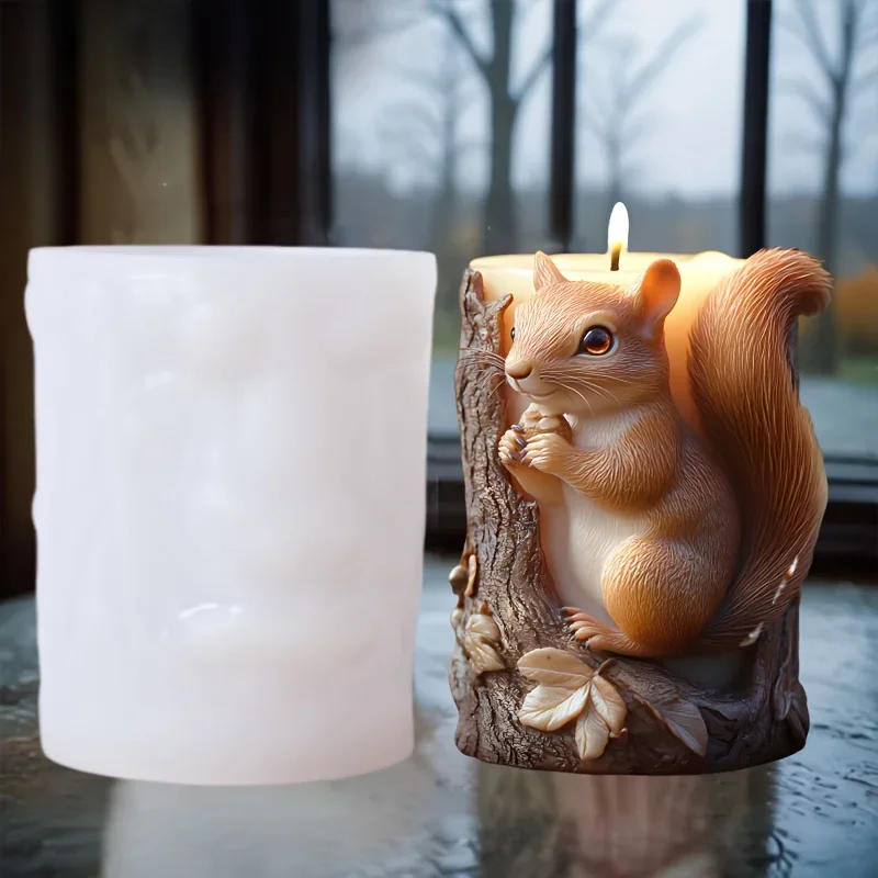 3D Squirrel Relief Cylinder Candle Silicone Mold Eating Pine Squirrel Relief Resin Mould Rabbit penguin Cement Gypsum Molds