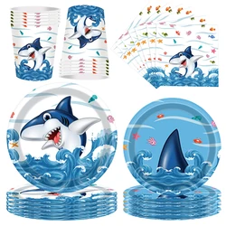 Shark Theme Disposable Tableware Shark Party Supplies Plates Cups Napkins for Boys Kids Blue Shark Pool Party Table Decorations