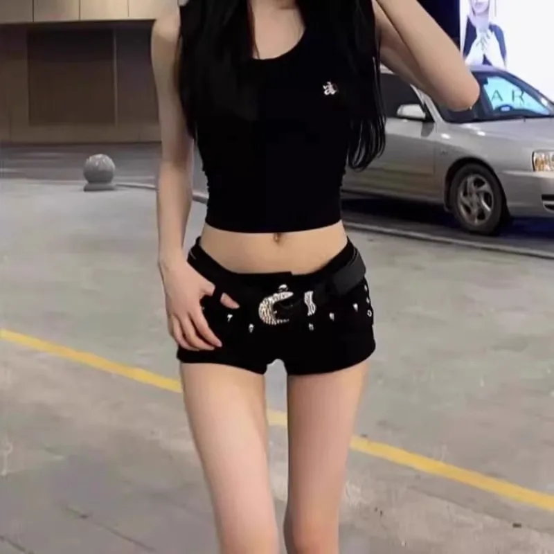 

Sexy Low Waist Jeans Shorts Y2K Retro Club Rivet Bodycon Women's Straight Leg Cotton Stretchy Deep Color Summer Fashion
