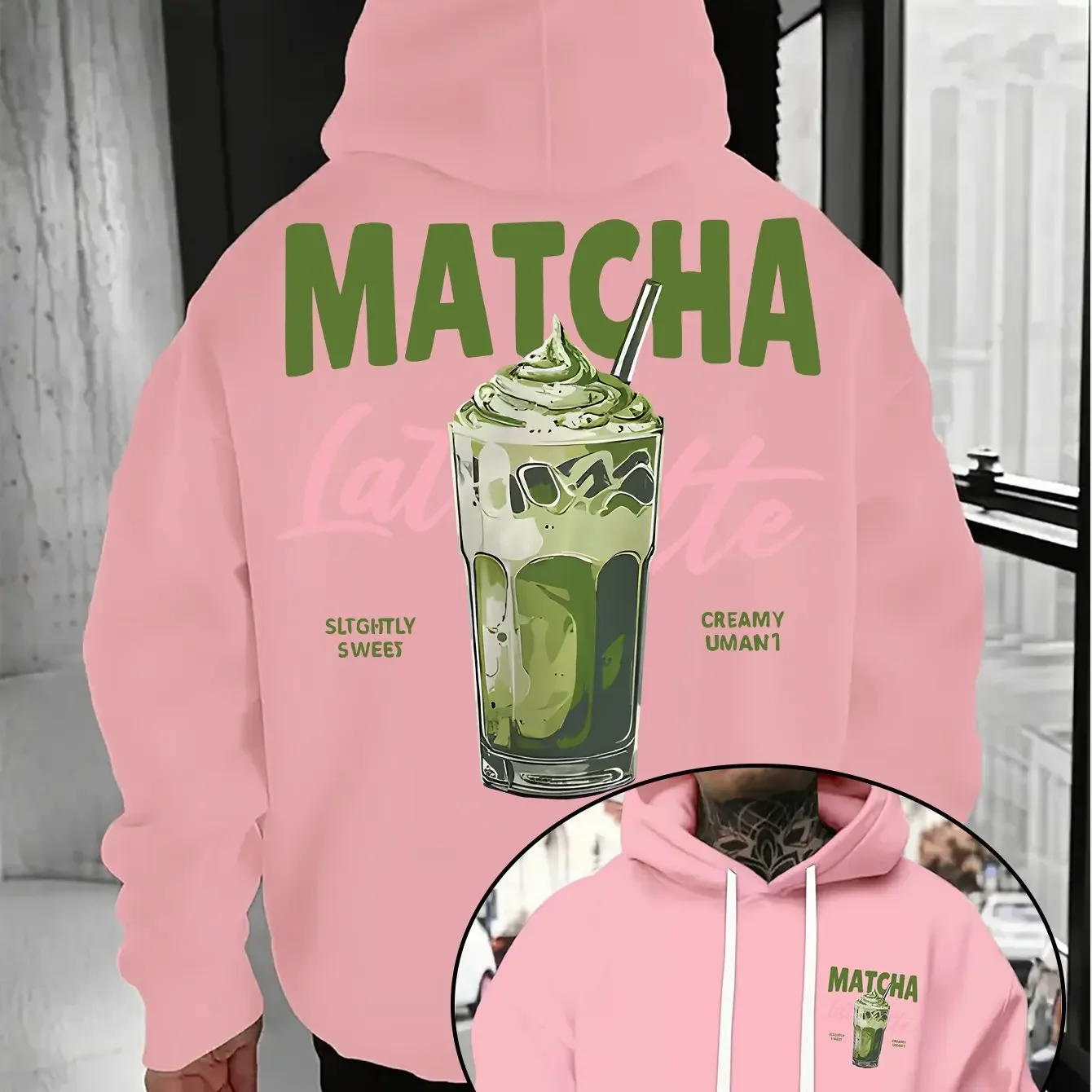 Men Thick Warm Hoodie Vintage Matcha Latte Drink Illustration Slightly Sweet Creamy Text Print Cafe Daily Commute Pullover