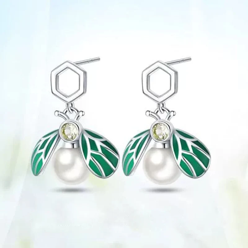 Small Fresh Insect Earrings Fashion Pearl Zircon Earrings Elegant Cute 925 Silver Green Wing Ear Jewelry For Women KOFSAC