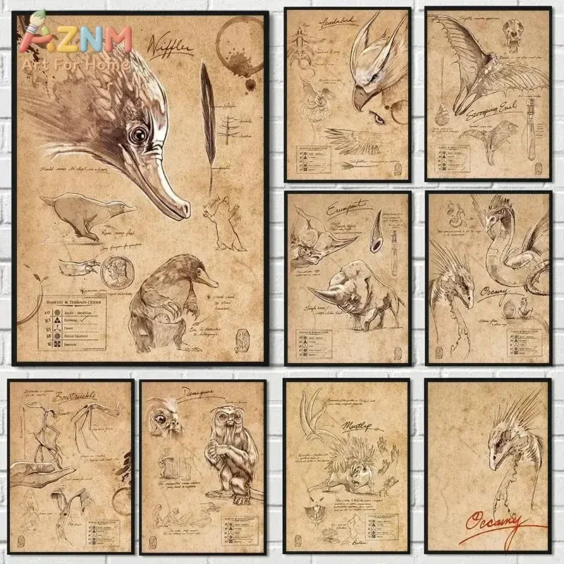AZNM Vintage Fantastic Beasts Sketch Canvas Wall Art, Antique Parchment Magical Creature Drawing Print, Wizard World Retro Poste