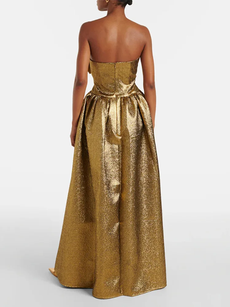 Fashionable New Gold Metal Jacquard Bow Mid Length Strapless Dress, Birthday Banquet Dress