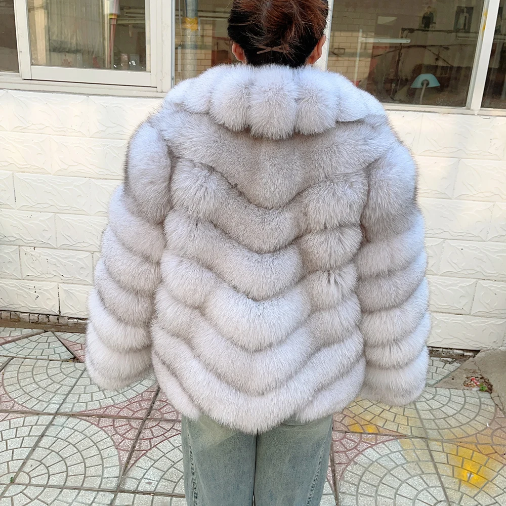 QUEENTINA Winter New Women's Real Fox Fur Coat With Collar Overcoat Leather Female Natural Plus Size