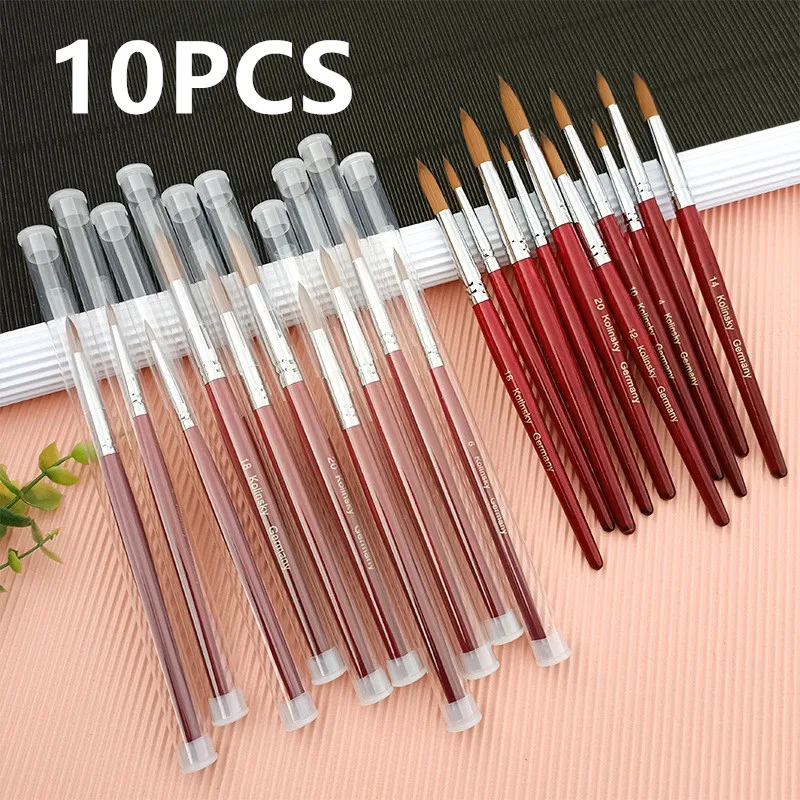 

10-шт., акриловая кисть для ногтей круглой формы с нейлоновой щетиной Kolinsky - ручка из красного дерева для качественных маникюра и педикюра в салоне