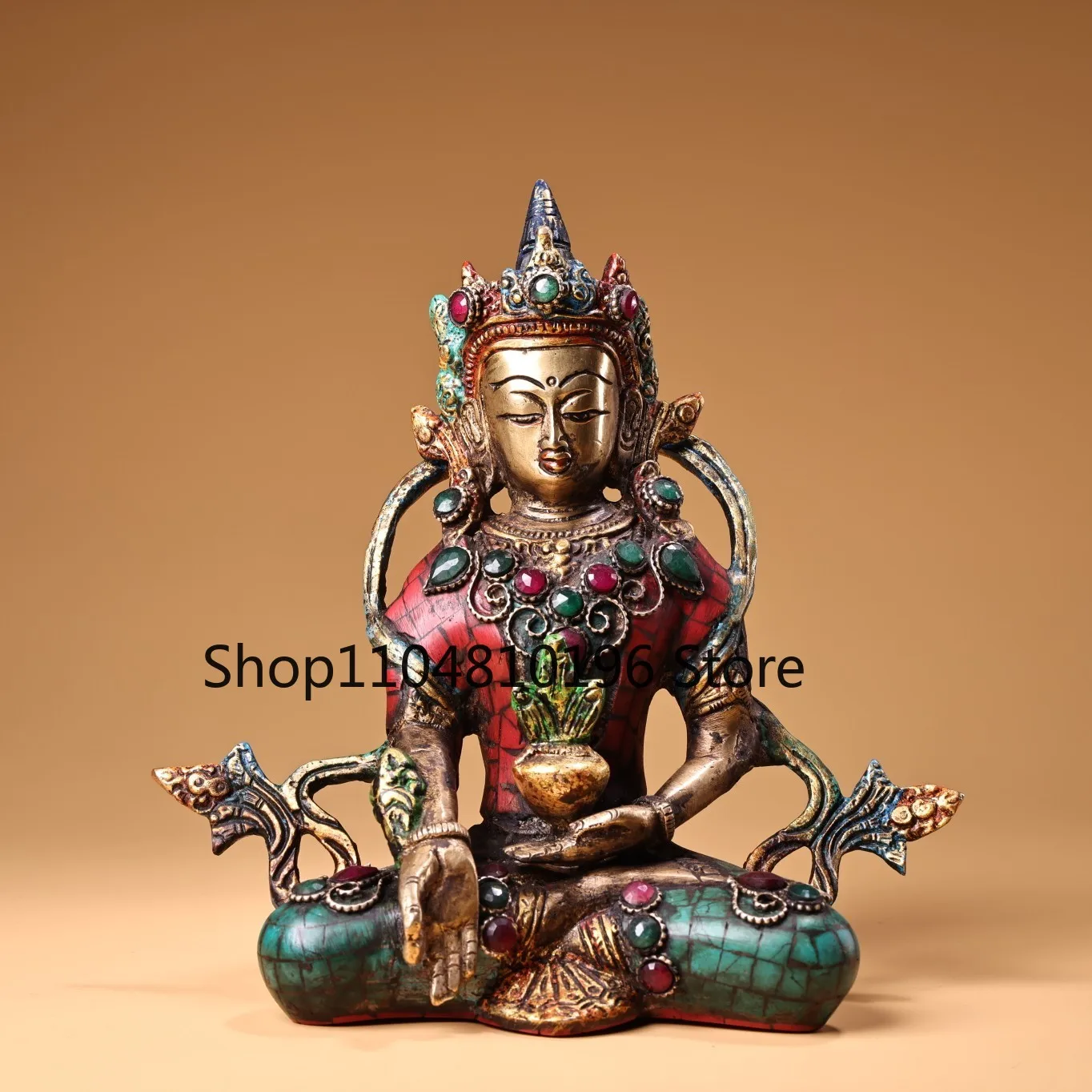 Bronze Outline in gold Painted Mosaic Gem Turquoise Pharmacist sitting Buddha