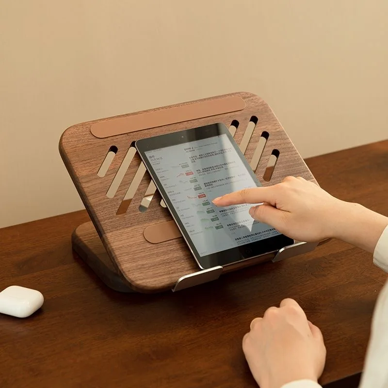 Wooden rotating desktop shelf computer tablet stand artifact