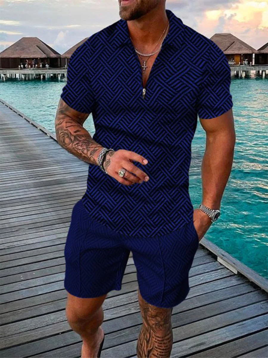 

2022 Summer Men's Casual Polo Shirt Suit Hawaii Beach Fashion Trend 3D Printing Zipper Short Sleeve T-Shirt Shorts Two Piece Set