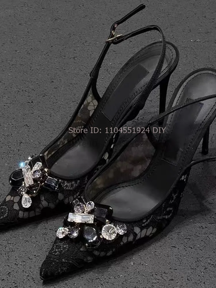 

10Cm and 6Cm Heeled Luxury Gem Decor Women Slingback Black Mesh Embroider Elegant Pointed Toe Ladies Evening Party Bridal Shoes