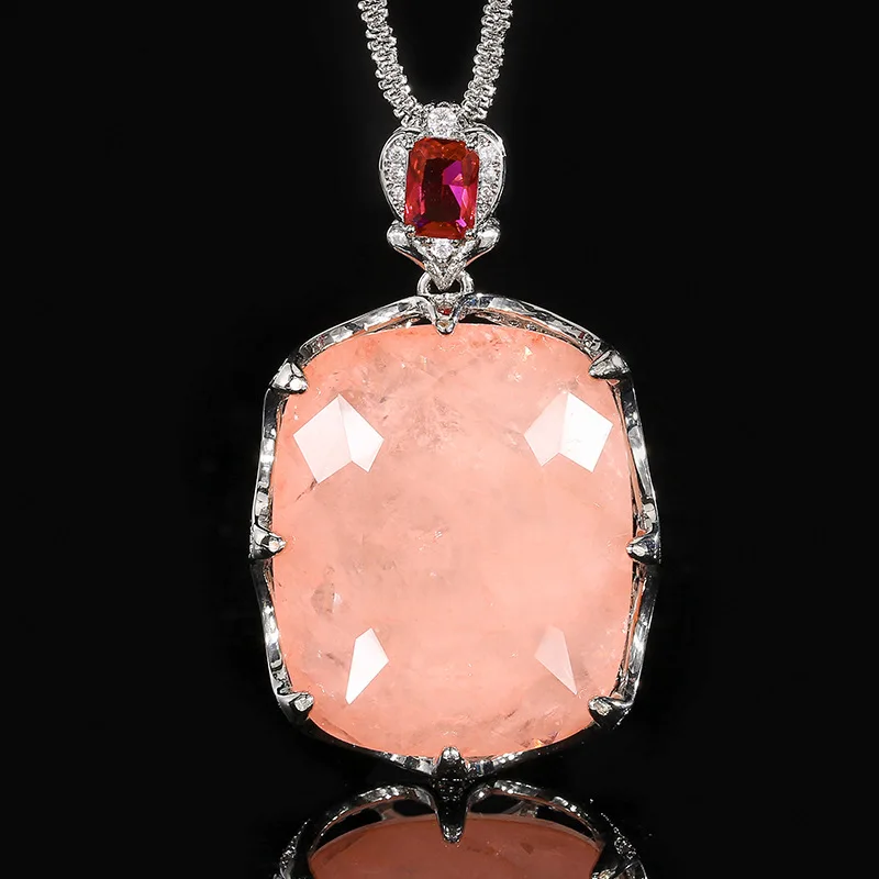 Large Cushion Cut Pink Rose Quartz Pendant Necklace Adjustable Ring Red Ruby Accent Statement Jewelry for Women Party Gift view 4