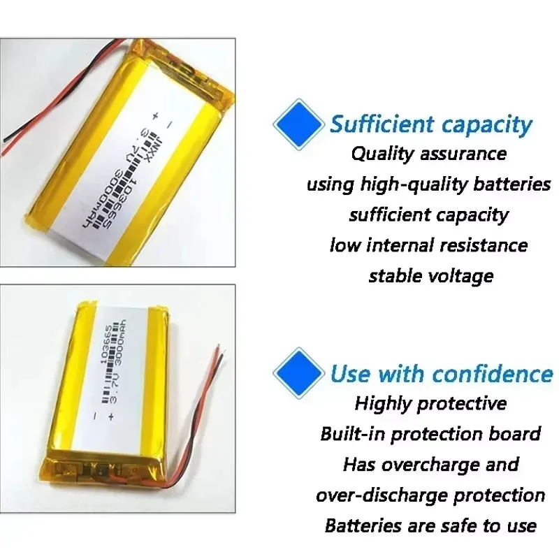 103665 3000mAh 3.7V Lipo Lithium Polymer Batteries for Medical Devices Electronic Devices Drones DVD Li-po