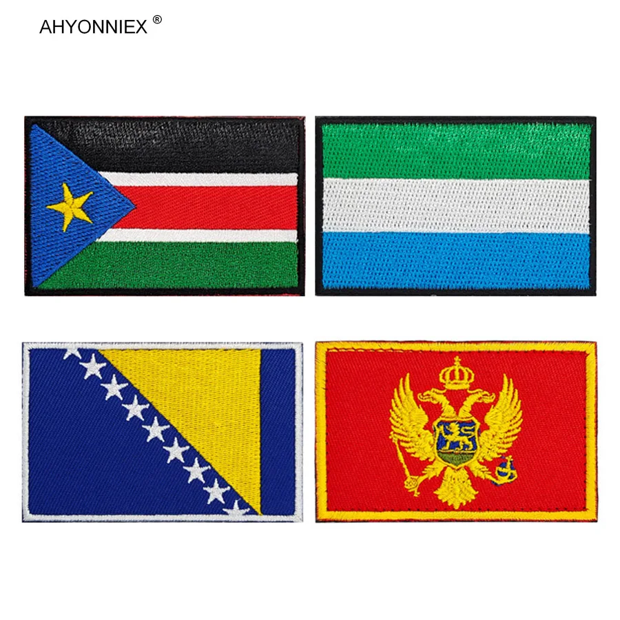 AHYONNIEX 1PC Naszywka z flagą z tkaniny Sudan Południowy Montenegro Bosnia Sierra Leone Naklejka 3D na kurtkę Jeans Odzież DIY