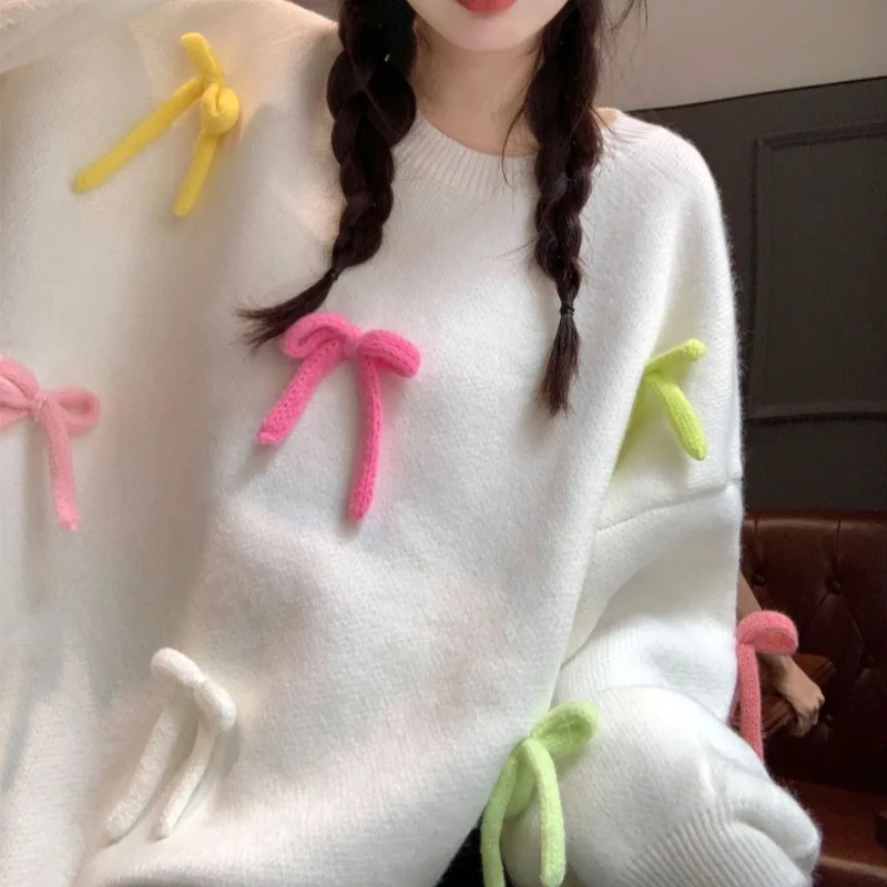 المرأة الكورية أزياء فضفاضة القوس الوردي سترة طويلة كسول نمط حجم واحد لطيف بلوفر مغزول أعلى الخريف الشتاء