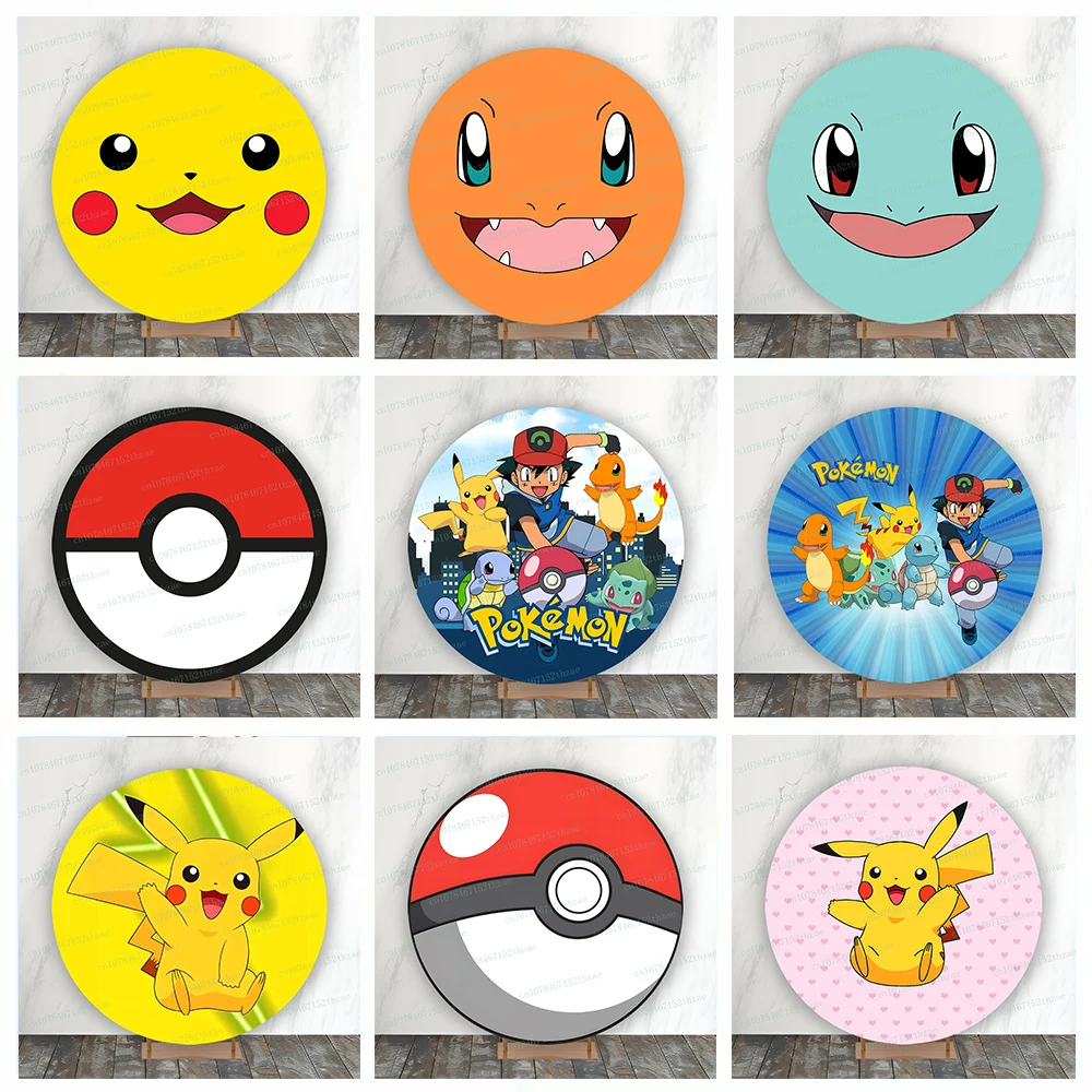 

Pokemon Birthday Party Photo Background Baby Shower Round Photography Backdrop Cartoon Banner Decoration ﻿