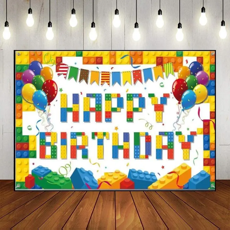 Happy Birthday Party Wall Colorful Building Blocks Photography Backdrop Background Photo Decoration Custom Banner Baby Shower