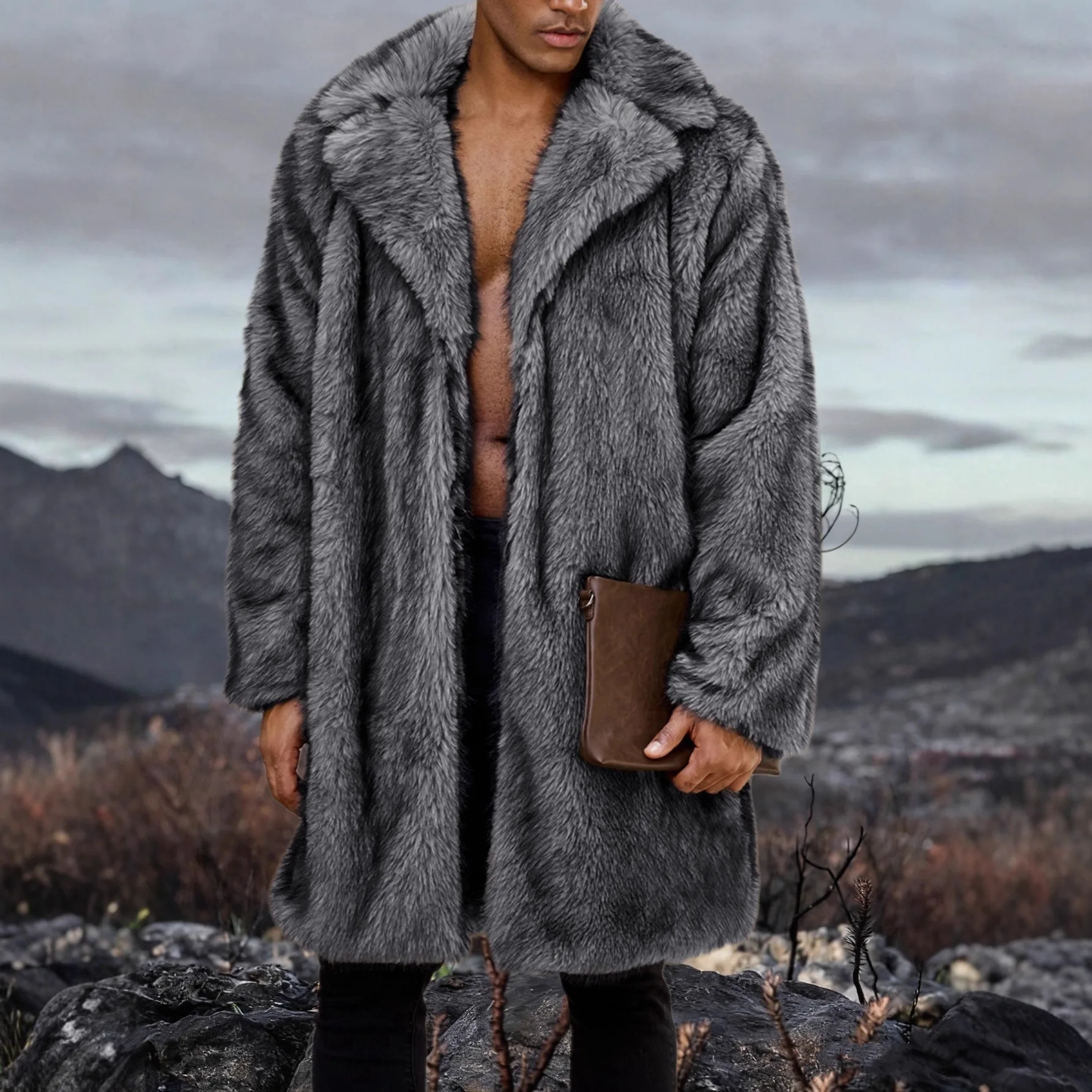 

Мужские пальто из искусственного меха, длинные меховые куртки, однотонный отложной воротник, длинный рукав, толстый теплый мех, свободная повседневная уличная одежда, осень-зима 2024 г.