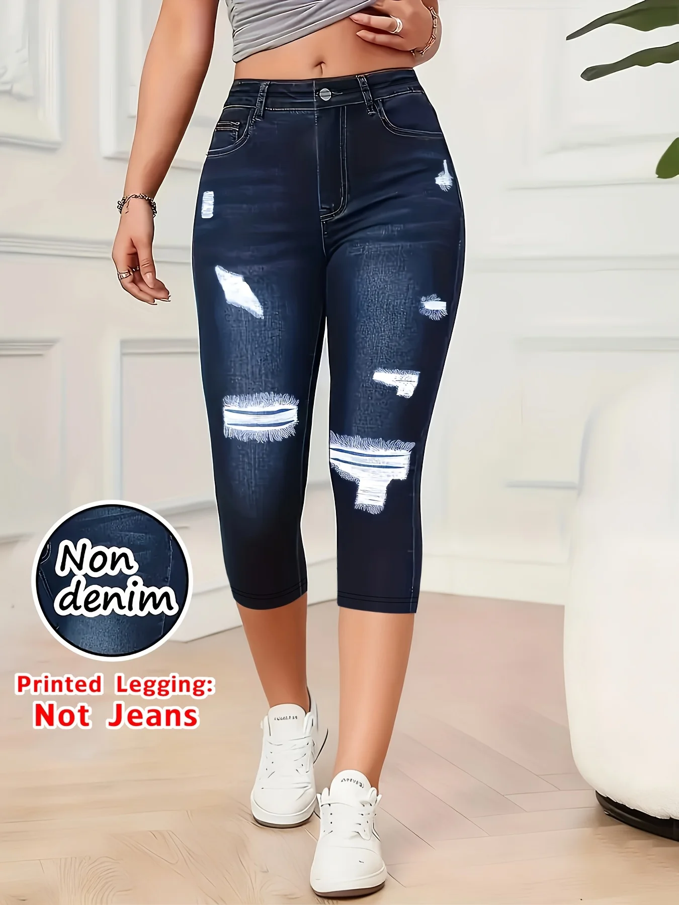 [Printed Pants - Not Denim Fabric] Printed Legging - Not Denim Fabric, Printed Capri Pants with Full-Length Imitation Denim Pock