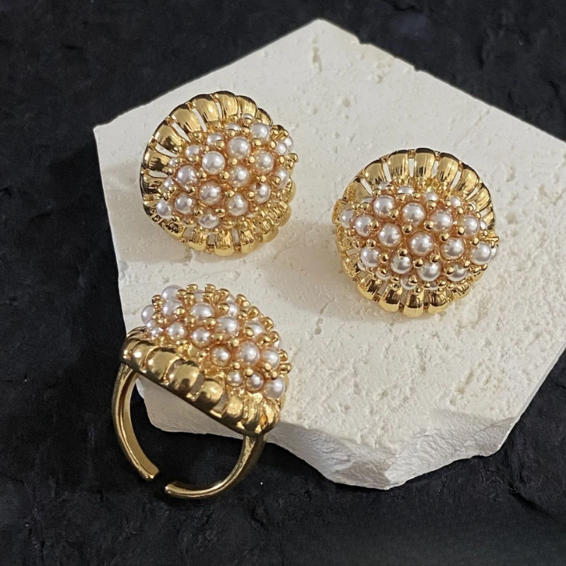 

Fashion Jewelry Luxury Temperament Geometric Simulated Pearl Earrings Rings For Women Party Gifts Simply Design Accessories