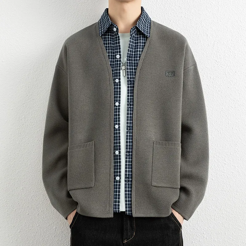 

Мужской осенне-зимний утепленный кардиган с отложным воротником, вязаный свитер, повседневный модный трендовый топ с длинными рукавами и круглым вырезом