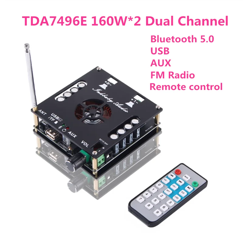 New DC12-24V TDA7496E 160W*2 Dual Channel Stereo Bluetooth 5.0 USB AUX FM Radio Digital Audio Amplifier Board