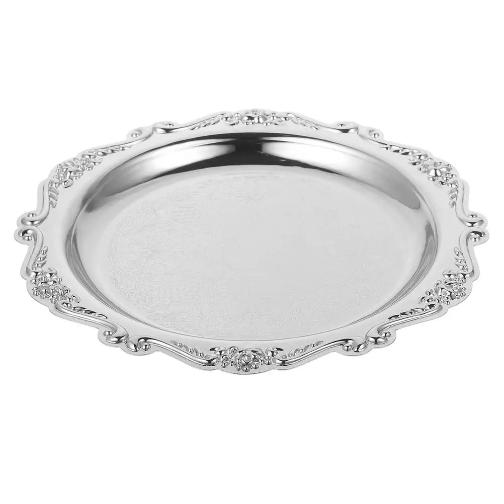 Vintage Embossed Metal Tray Serving Platter For Desserts Jewelry Storage Organizer Snack Plate Dining Table Decoration Silver